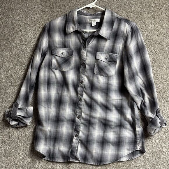 Christopher & Banks Top Womens Medium Plaid Roll-tab Sleeves Cottagecore Coastal - Picture 1 of 11